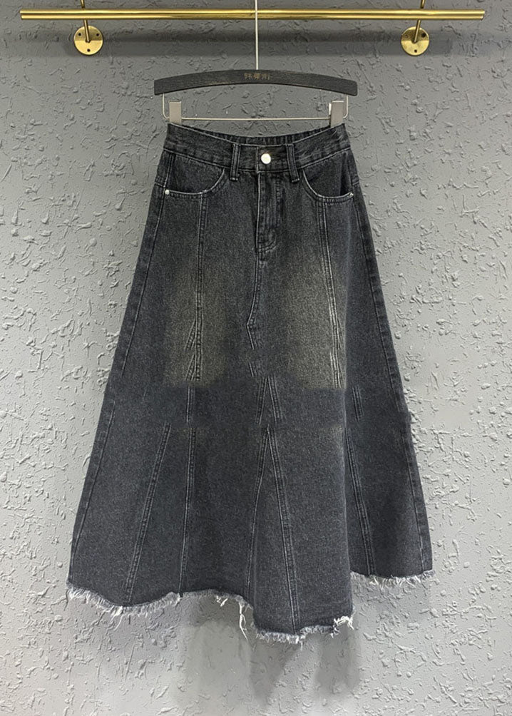 Retro Black Pockets Patchwork Button Denim Maxi Skirt