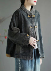 Retro Black Stand Collar Patchwork Denim Coat