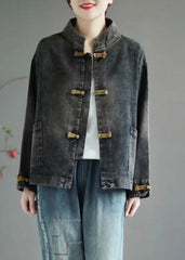 Retro Black Stand Collar Patchwork Denim Coat