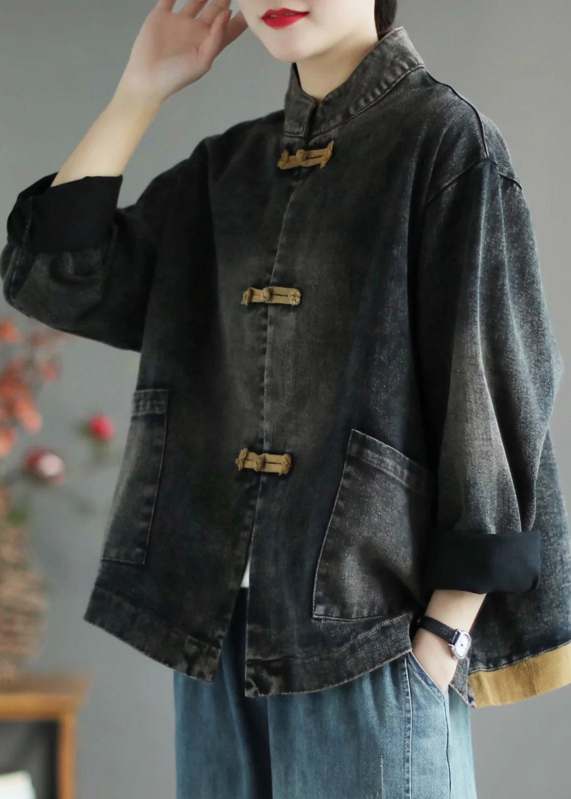 Retro Black Stand Collar Patchwork Denim Coat