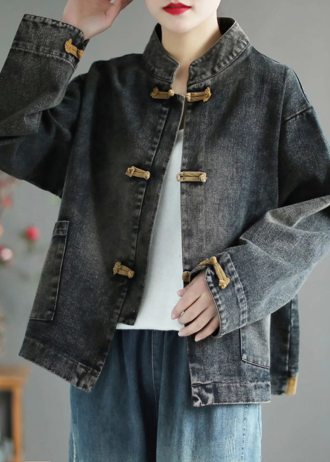 Retro Black Stand Collar Patchwork Denim Coat