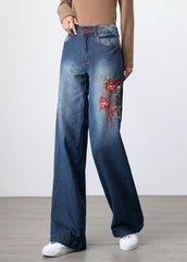 Retro Blue Embroideried Pockets Patchwork Denim Wide Leg Pants