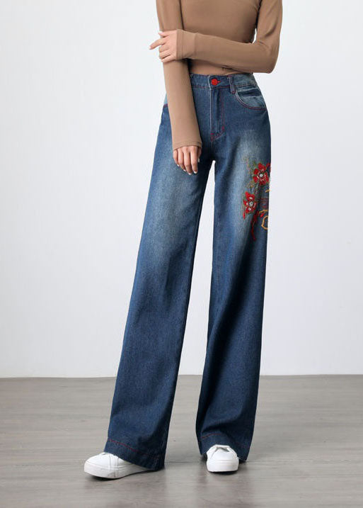 Retro Blue Embroideried Pockets Patchwork Denim Wide Leg Pants