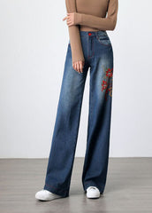 Retro Blue Embroideried Pockets Patchwork Denim Wide Leg Pants