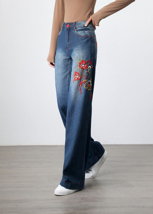 Retro Blue Embroideried Pockets Patchwork Denim Wide Leg Pants