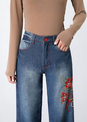 Retro Blue Embroideried Pockets Patchwork Denim Wide Leg Pants