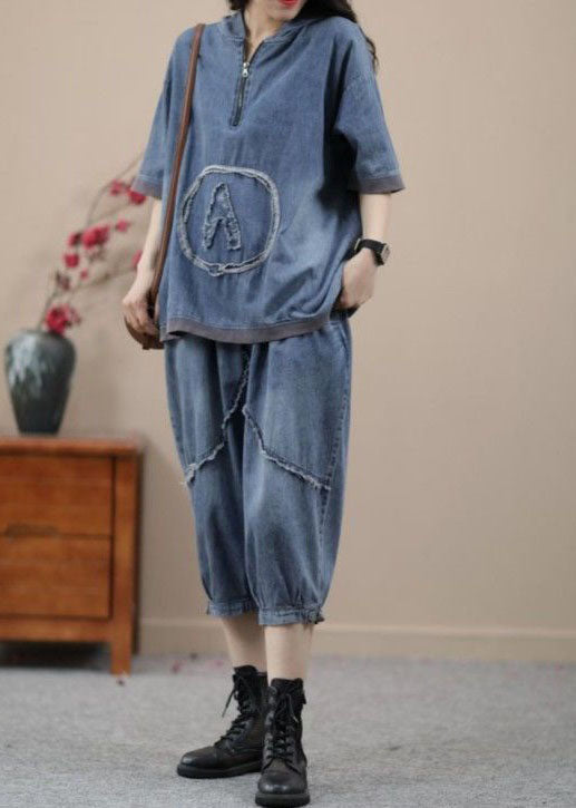 Retro Blue Hooded Zippered Patchwork Denim Two Pieces Set