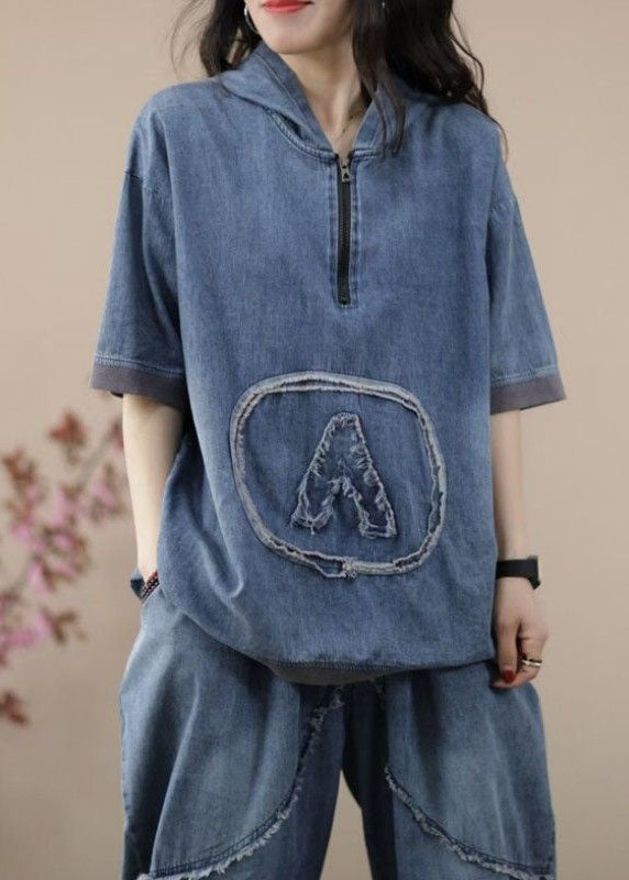 Retro Blue Hooded Zippered Patchwork Denim Two Pieces Set