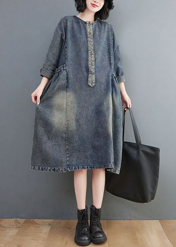 Retro Blue O-Neck Patchwork Button Pockets Cotton Denim Dresses Long Sleeve