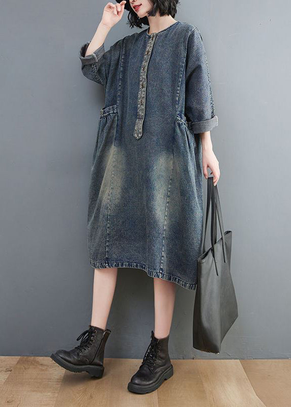 Retro Blue O-Neck Patchwork Button Pockets Cotton Denim Dresses Long Sleeve