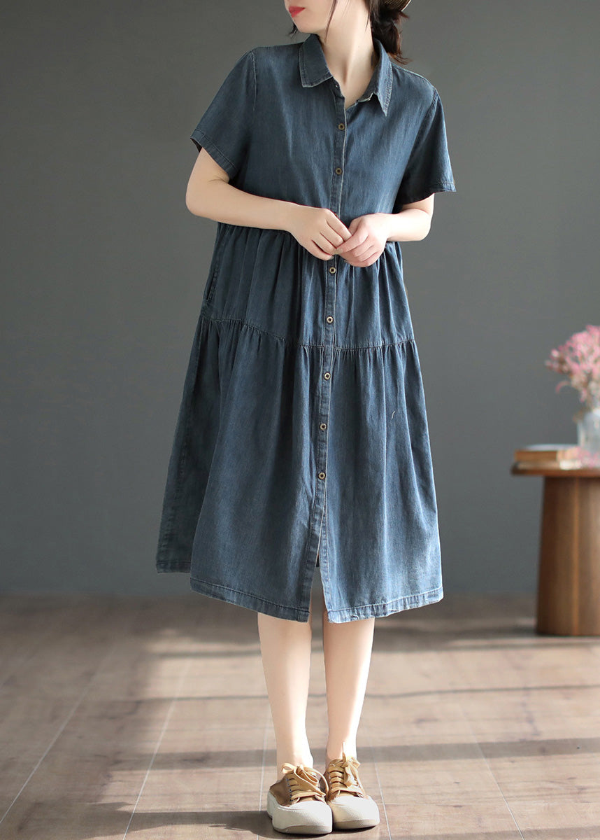 Retro Blue Patchwork Solid Silk Vacation Denim Long Shirt Dresses