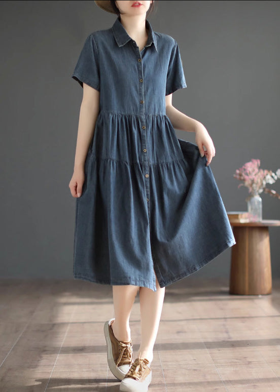 Retro Blue Patchwork Solid Silk Vacation Denim Long Shirt Dresses