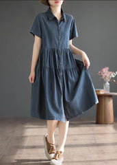 Retro Blue Patchwork Solid Silk Vacation Denim Long Shirt Dresses