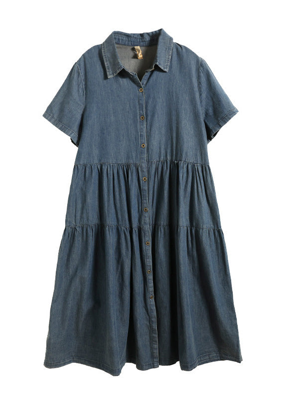 Retro Blue Patchwork Solid Silk Vacation Denim Long Shirt Dresses