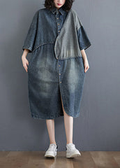 Retro Blue Peter Pan Collar Asymmetrical Patchwork Side Open Denim Dress Half Sleeve