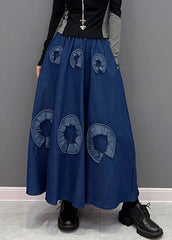 Retro Blue Print Elastic Waist Denim Skirts