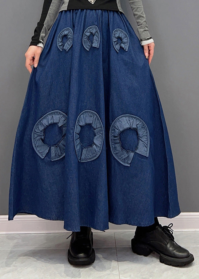 Retro Blue Print Elastic Waist Denim Skirts