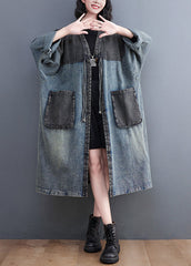 Retro Blue V Neck Pockets Patchwork Button Denim Long Trench Coats Fall