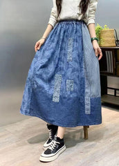 Retro Blue Wrinkled Pockets Print Patchwork Denim Skirts