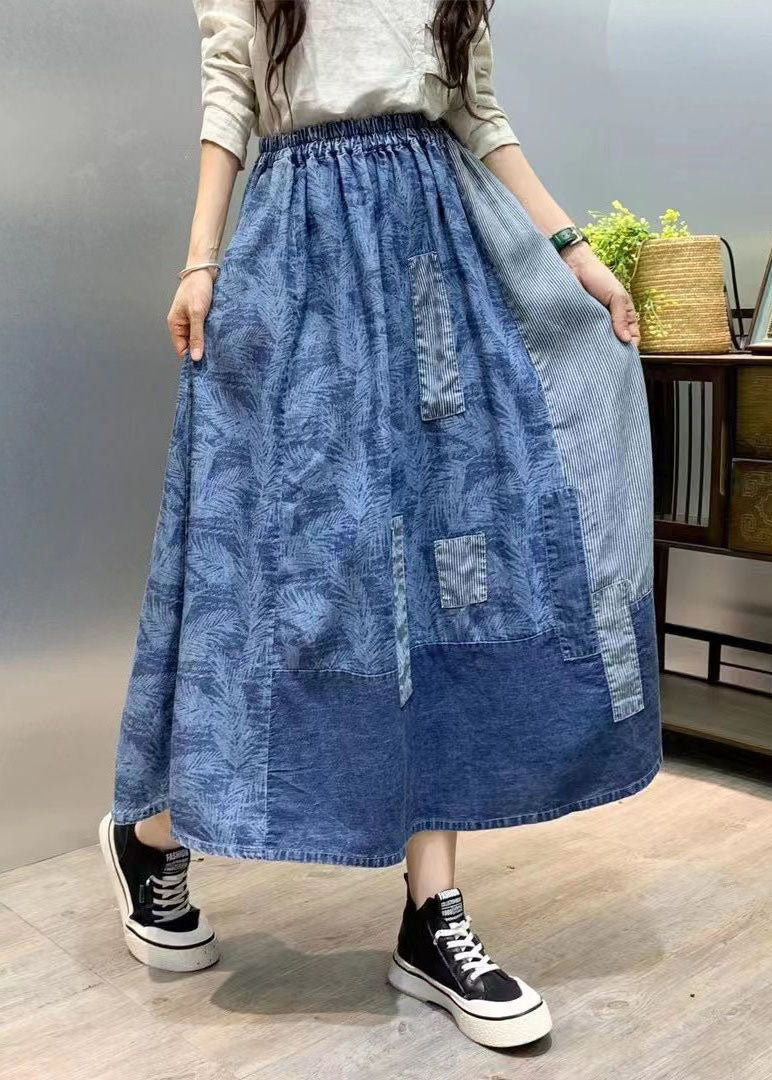 Retro Blue Wrinkled Pockets Print Patchwork Denim Skirts