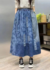 Retro Blue Wrinkled Pockets Print Patchwork Denim Skirts