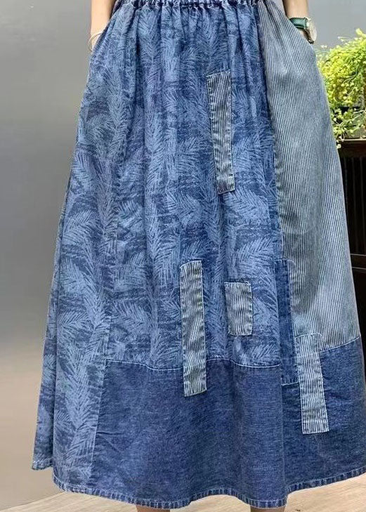 Retro Blue Wrinkled Pockets Print Patchwork Denim Skirts