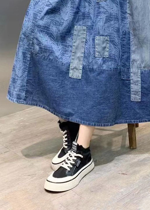 Retro Blue Wrinkled Pockets Print Patchwork Denim Skirts