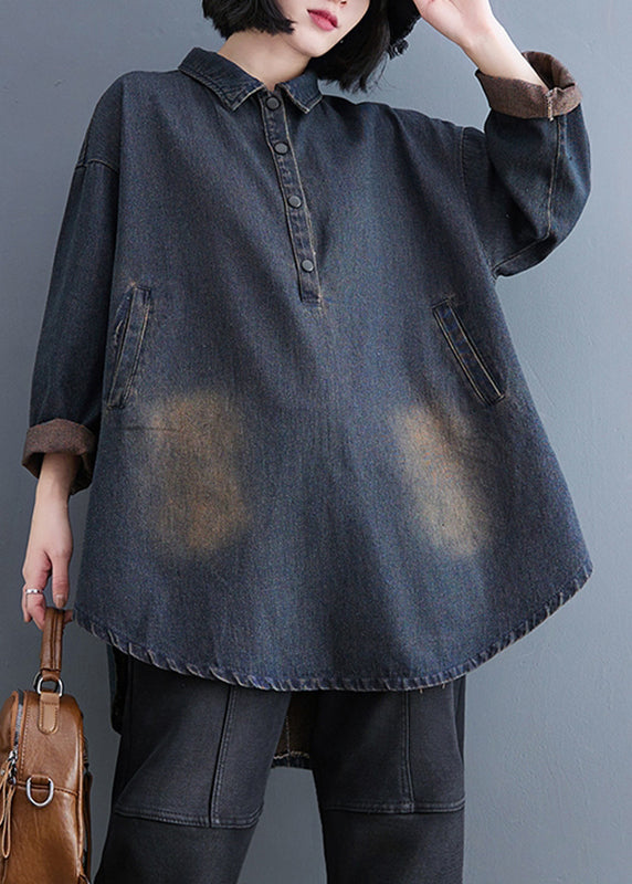 Retro Datrk Blue Peter Pan Collar Button Patchwork Denim Coats Long Sleeve