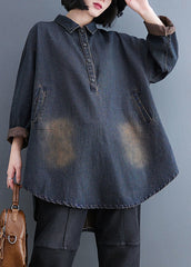 Retro Datrk Blue Peter Pan Collar Button Patchwork Denim Coats Long Sleeve