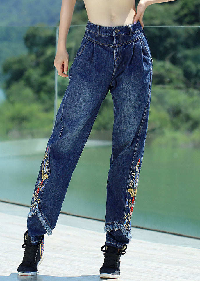 Retro Denim Blaue Knopf bestickte Blumen gerade Hose