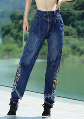 Retro Denim Blue Button Embroideried Floral Straight Pants