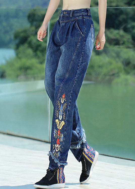 Retro Denim Blue Button Embroideried Floral Straight Pants