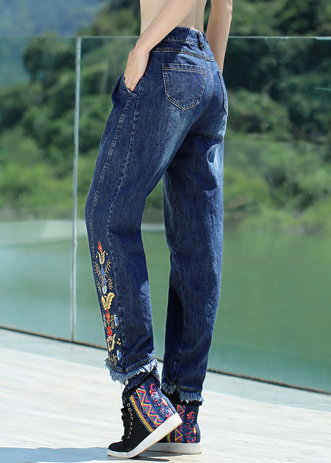 Retro Denim Blue Button Embroideried Floral Straight Pants