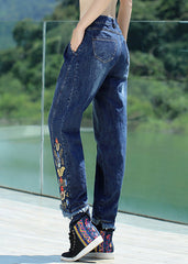 Retro Denim Blue Button Embroideried Floral Straight Pants