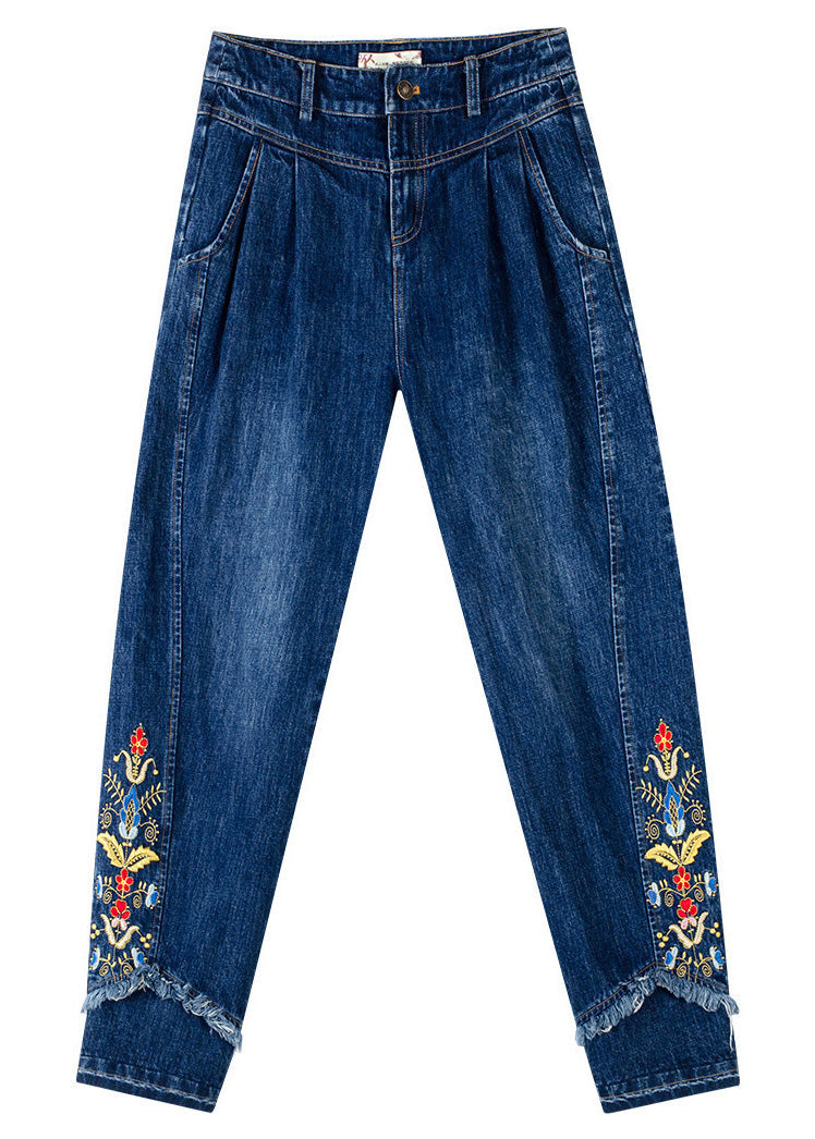 Retro Denim Blaue Knopf bestickte Blumen gerade Hose