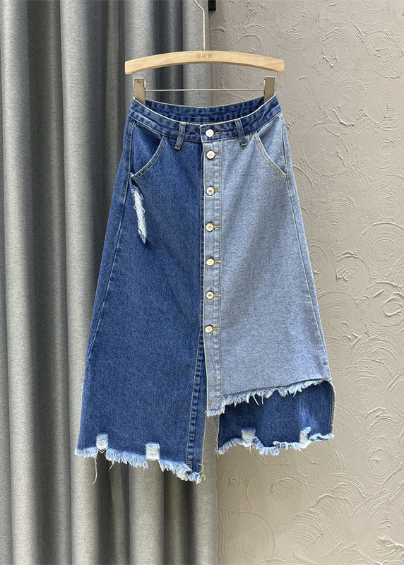 Retro Denim Blau Hohe Taille Patchwork Knopf Asymmetrische Röcke