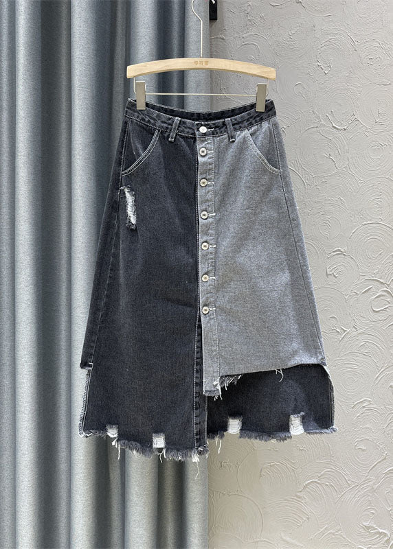 Retro Denim Blue High Waist Patchwork Button Asymmetrical Skirts