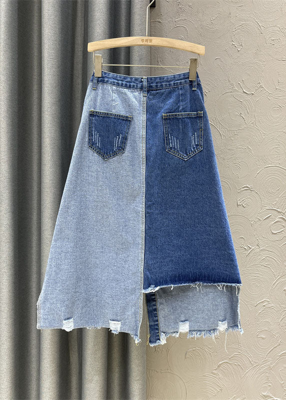 Retro Denim Blau Hohe Taille Patchwork Knopf Asymmetrische Röcke