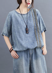 Retro Denim Blue O-Neck Patchwork Top Half Sleeve