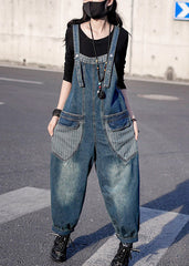 Retro Denim Blue Patchwork Button Harem Jumpsuit