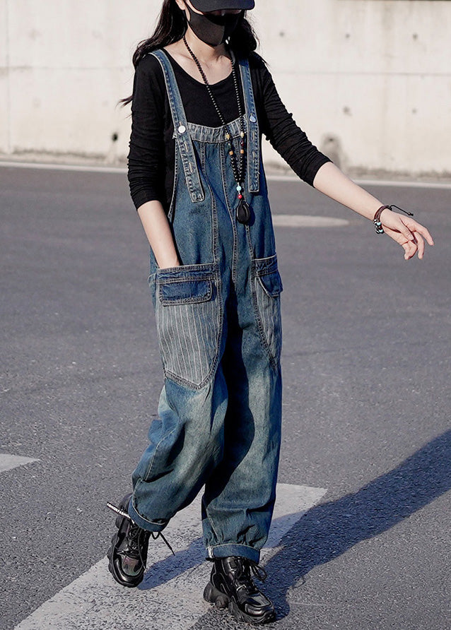 Retro Denim Blue Patchwork Button Harem Jumpsuit