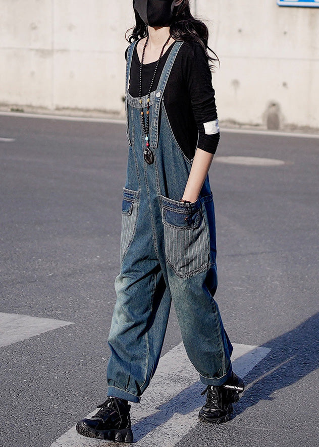 Retro Denim Blue Patchwork Button Harem Jumpsuit