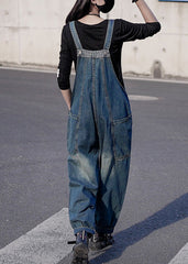 Retro Denim Blue Patchwork Button Harem Jumpsuit