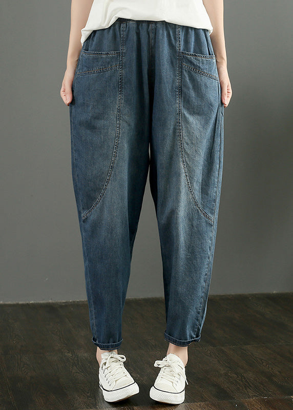 Retro Denim Blue Patchwork High Waist Crop Pants