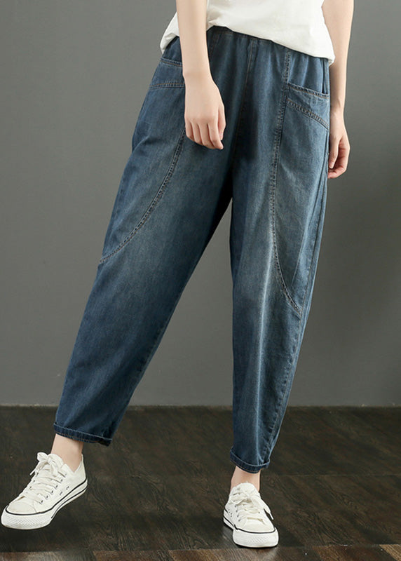 Retro Denim Blue Patchwork High Waist Crop Pants