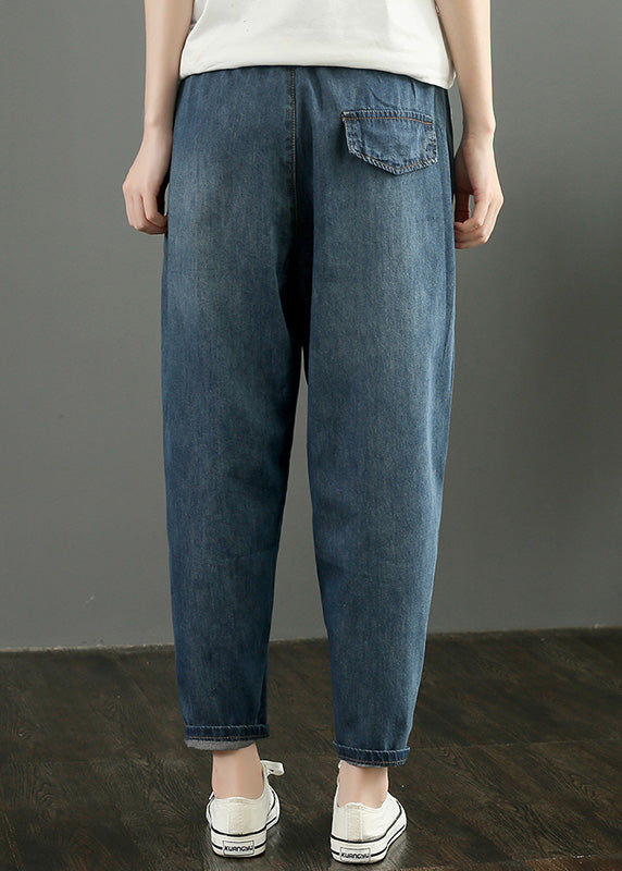 Retro Denim Blue Patchwork High Waist Crop Pants