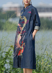 Retro Navy Stand Collar Embroideried Cotton Long Denim Trench Coats