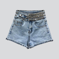 Rhinestone waistband women denim shorts