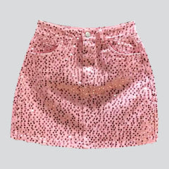 Rihnsotne embellished pink denim skirt