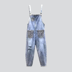 Ripped embellished women denim jumpsuit